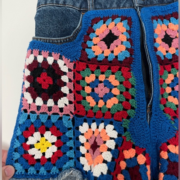 Farm Rio Granny Square Crochet Denim Shorts - Picture 6 of 10